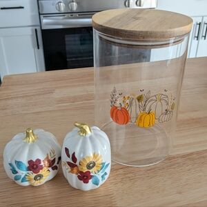Pumpkin Glass Canister with Wooden Lid and Ceramic Pumpkin Shakers